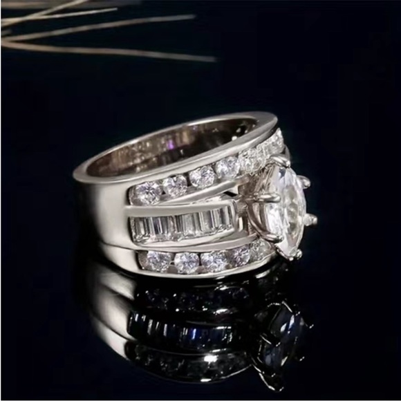 NEW Luxury 925 Silver Round Marquise Baguette Cut Round Engagement Wedding Ring - Picture 4 of 4